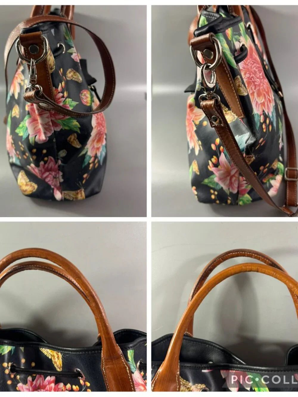 Cavalcanti Italian Black Leather Floral Spring Summer Drawstring Satchel Bag